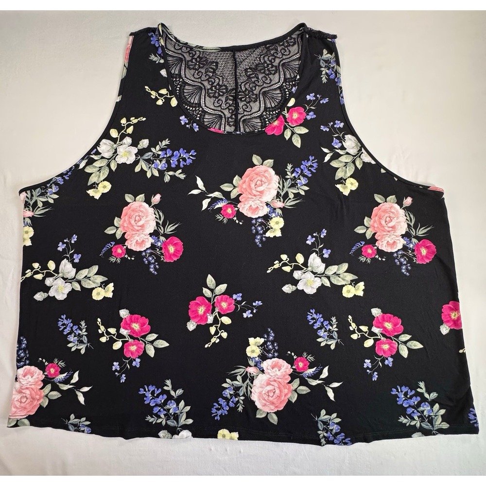 Flora by Flora Nikrooz 3X Plus Black Floral Lace Yoke Camisole Tank Top